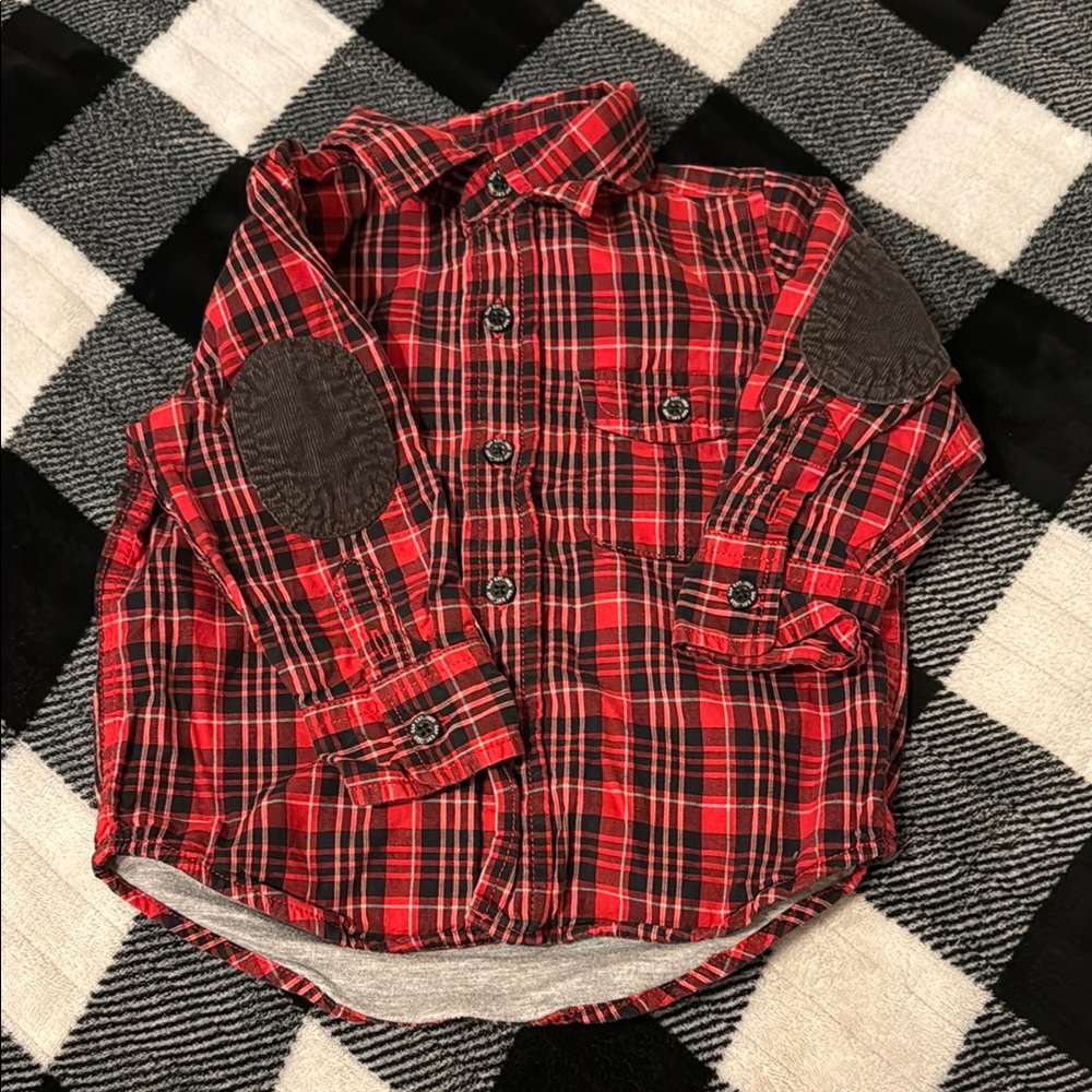 Red, Black, & Gray Plaid w/ Brown Elbow Patches Baby Gap Lined Flannel